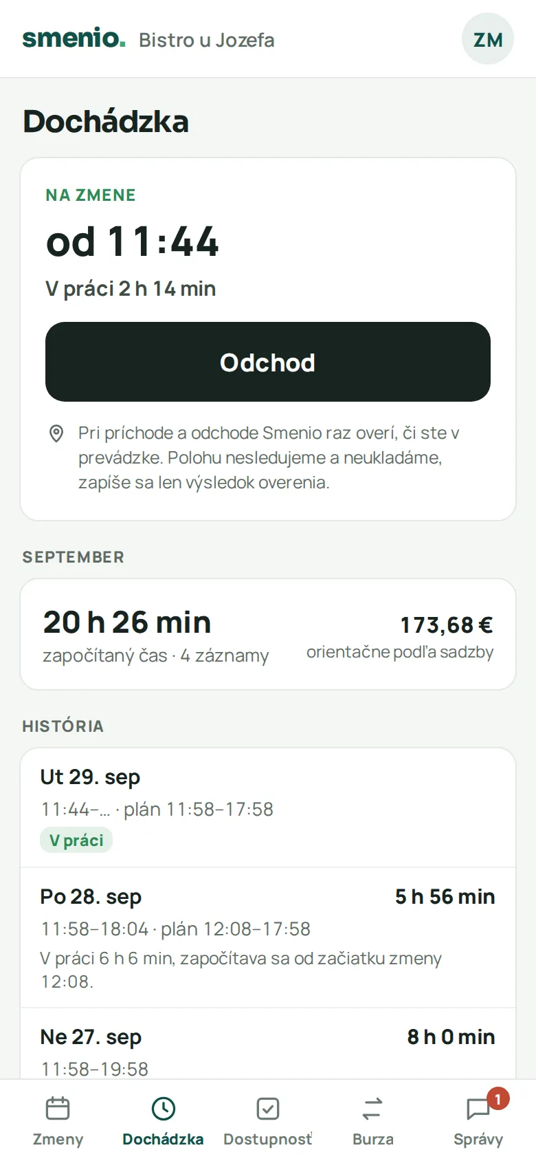 Dochádzka zamestnanca: na zmene od 11:44, veľké tlačidlo Odchod