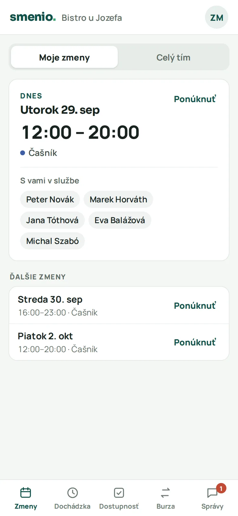 Moje zmeny: dnešná zmena 12:00 až 20:00 a kto je s vami v službe