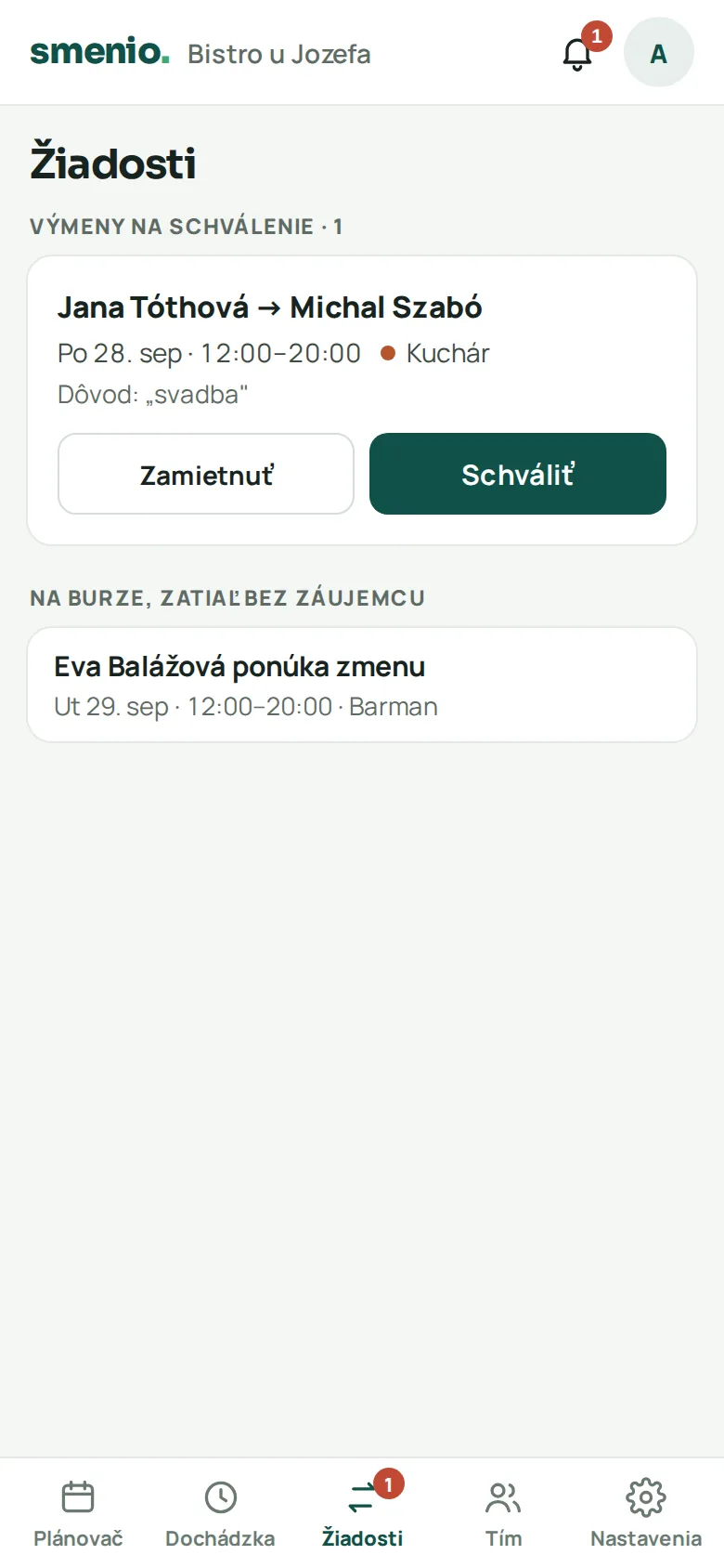 Žiadosť o výmenu zmeny so schválením alebo zamietnutím